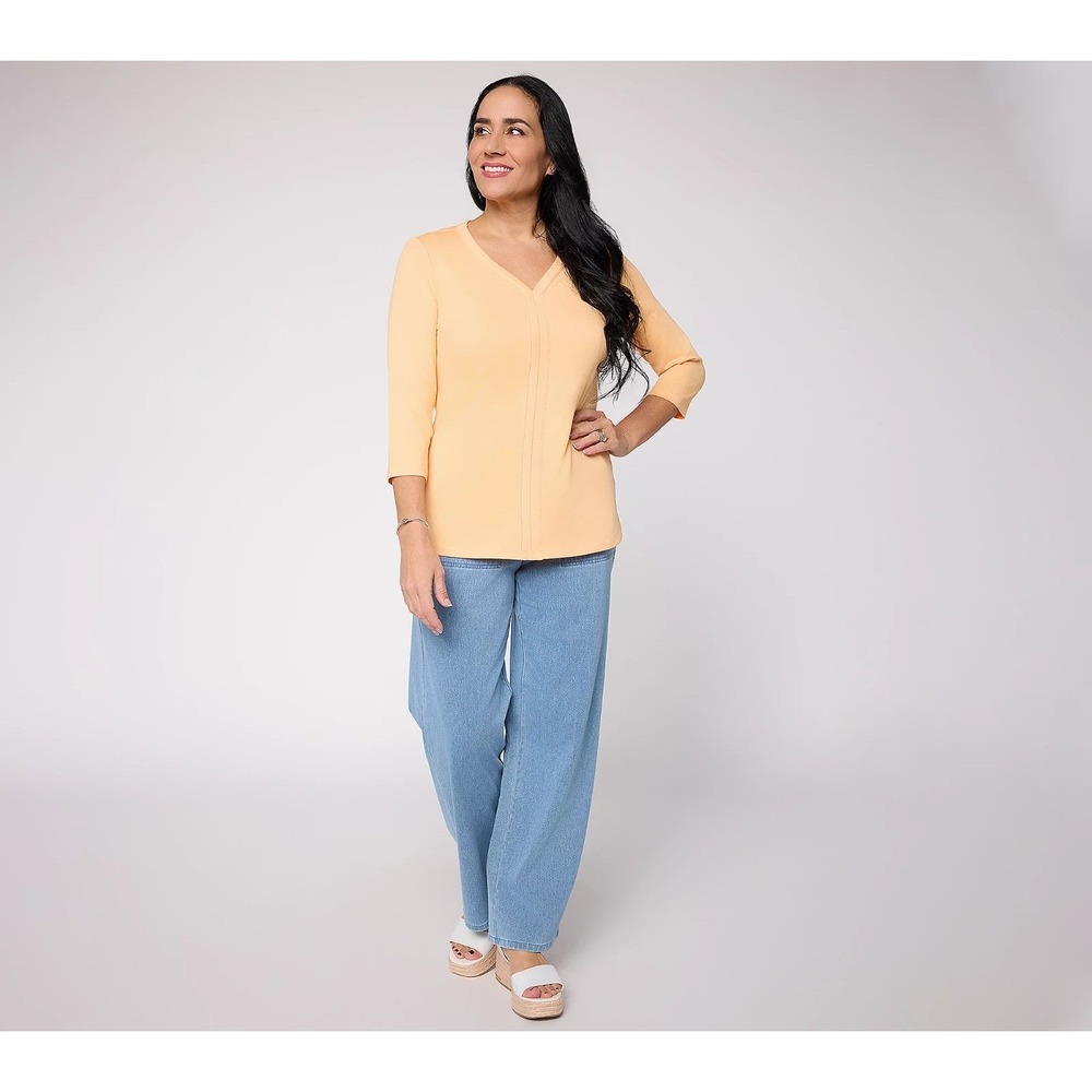 Denim & Co. Essentials Favorite Jersey 3/4 Sleeve V-Neck Top Tiger Lily,L #29C